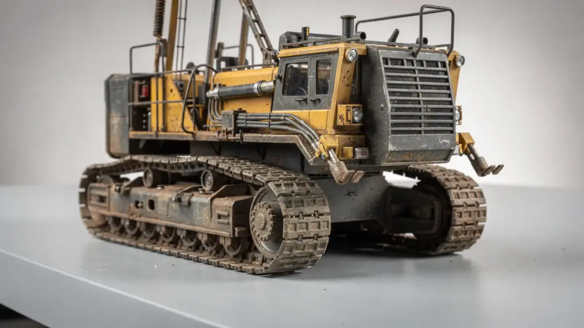 Detail einer RC-Baumaschine mit realistischen Bauteilen und Vorbildtreue auf einer Werkbank
