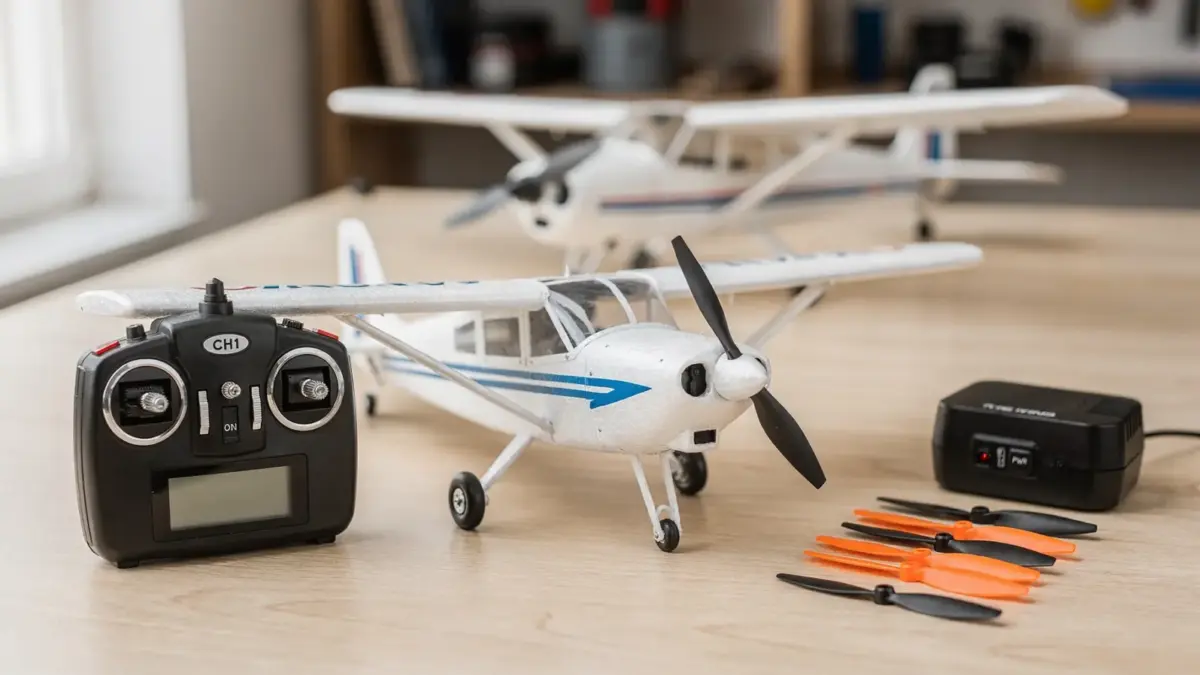 RC Flugzeuge für Anfänger auf einem Werktisch mit Fernsteuerung und Trainer-Modell