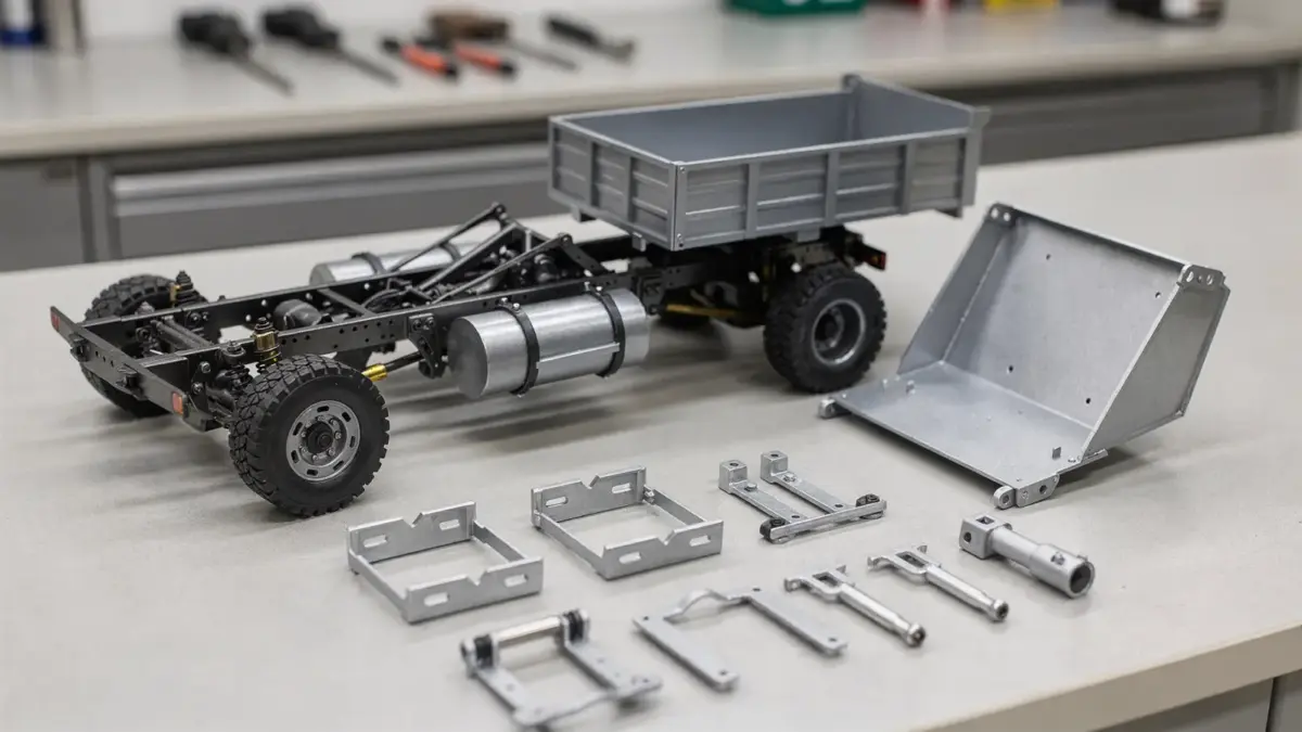 RC-Truck-Aufbau mit Ladefläche, Mulde und Anbauten auf einer Werkbank