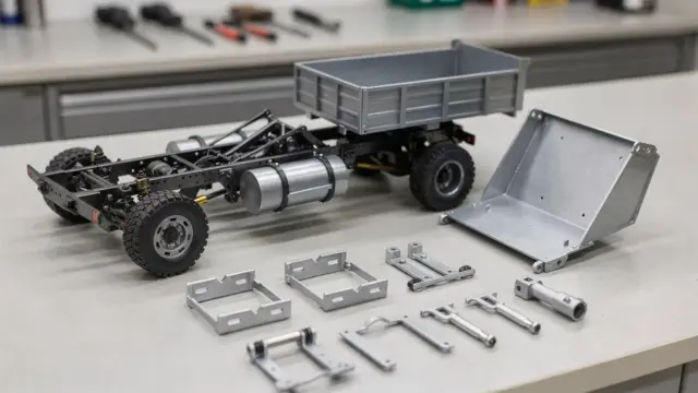 RC-Truck-Aufbau mit Ladefläche, Mulde und Anbauten auf einer Werkbank