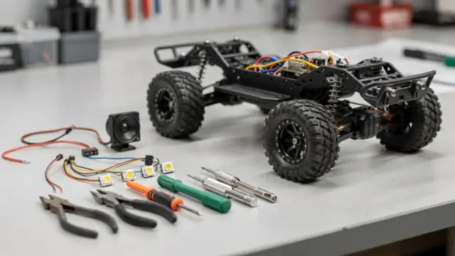 RC Truck mit Beleuchtung und Sound-Zubehör auf der Werkbank beim Nachrüsten von Zusatzfunktionen