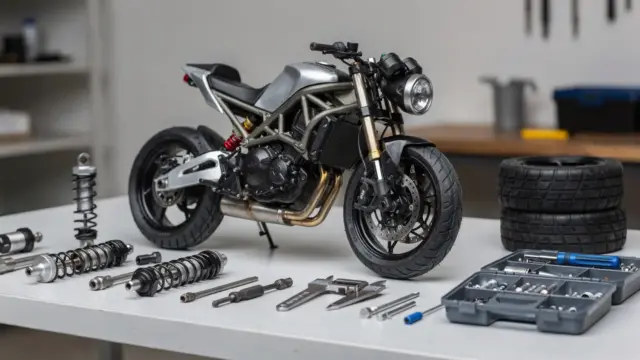 RC Motorrad mit Tuning-Teilen und Werkzeugen zur Verbesserung von Fahrverhalten und Kurvenlage