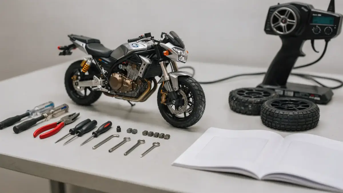 RC Motorrad auf Werkbank mit Werkzeugen und Sender zur Diagnose von Problemen