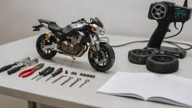 RC Motorrad auf Werkbank mit Werkzeugen und Sender zur Diagnose von Problemen