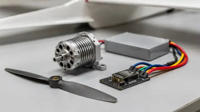 RC Flugzeug Antrieb mit Motor, Propeller, Akku und Regler auf einer Werkbank