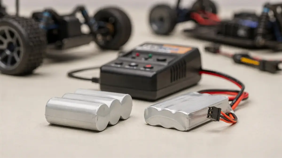 NiMH- und LiPo-Akkupack neben einem Ladegerät für ein RC-Einsteiger-Set