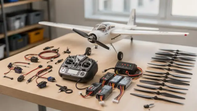 RC-Flugzeug, Fernsteuerung und Zubehör auf Werkbank zum Thema RC Flugzeug kaufen
