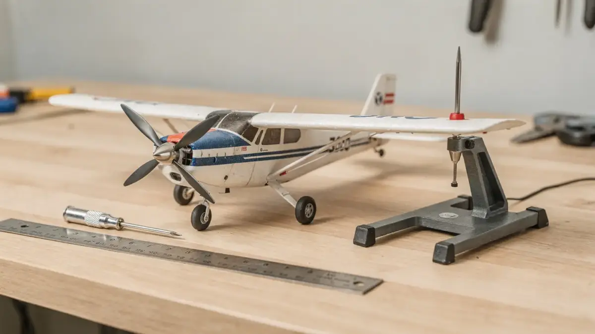 RC Flugzeug auf Werkbank mit Messwerkzeug zum Trimmen von Schwerpunkt und Rudern