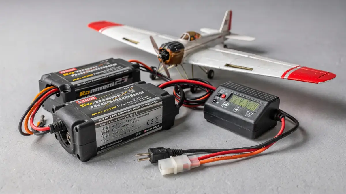 RC Flugzeug Akku und Ladegerät auf einer Werkbank für Flugmodelle