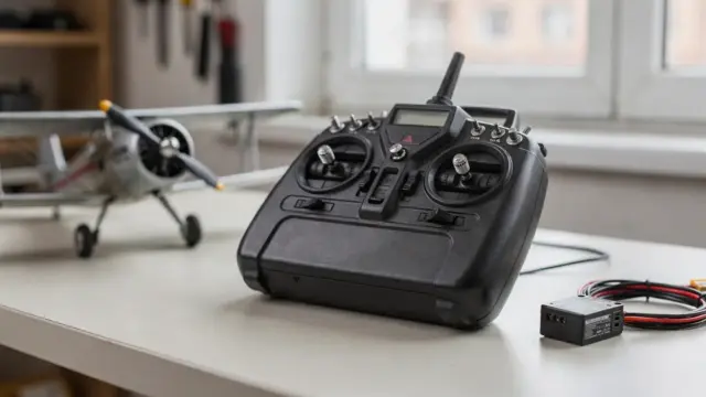 RC Flugzeug Sender auf Werkbank mit Modellflugzeug und Empfänger