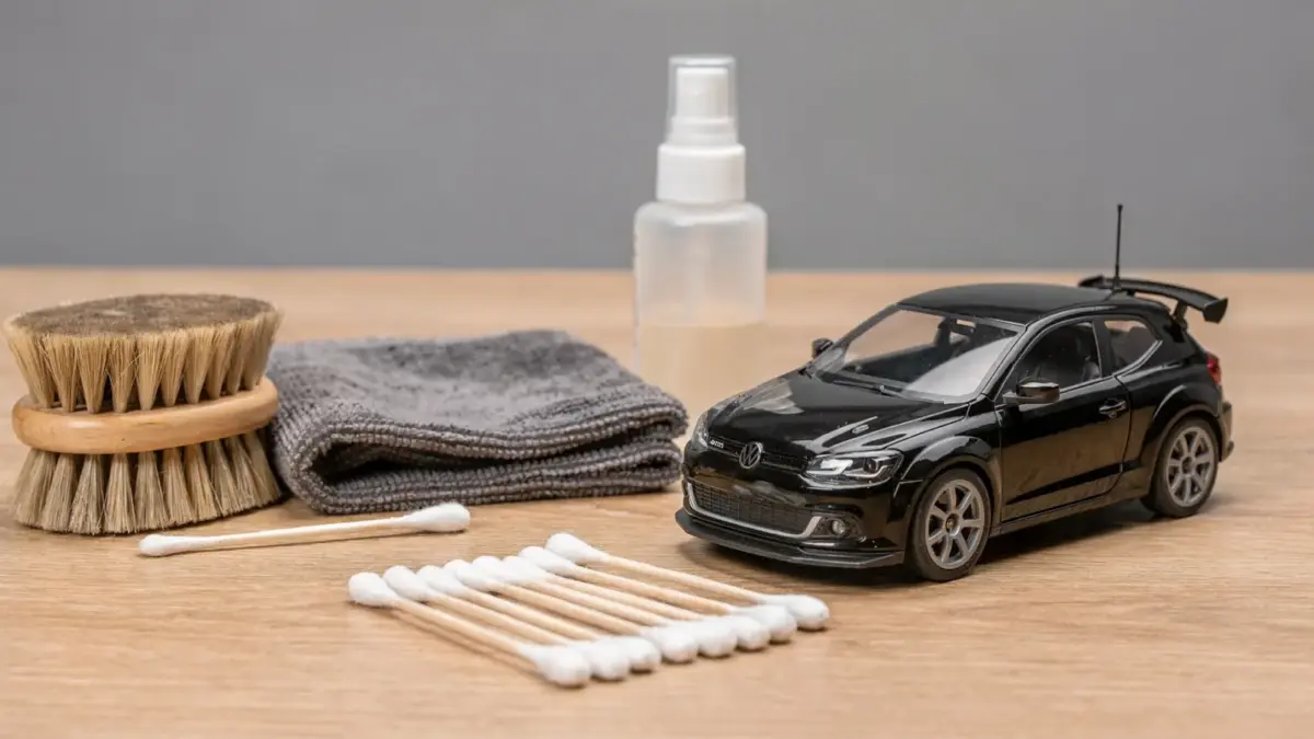 RC Auto reinigen: Reinigungszubehör und ein ferngesteuertes Auto auf der Werkbank