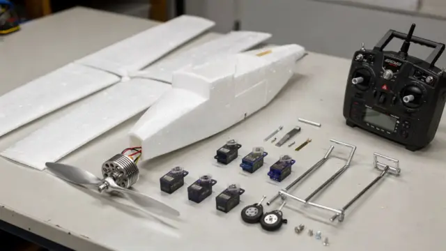 RC Flugzeug Bauteile auf einem Werkbanktisch: Rumpf, Tragflächen, Motor und Steuerungskomponenten