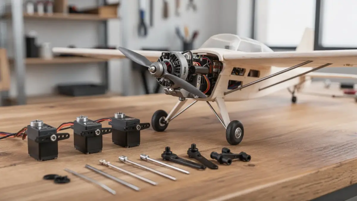 RC Flugzeug Servos und Bauteile an einem Modellflugzeug auf der Werkbank