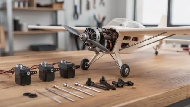 RC Flugzeug Servos und Bauteile an einem Modellflugzeug auf der Werkbank