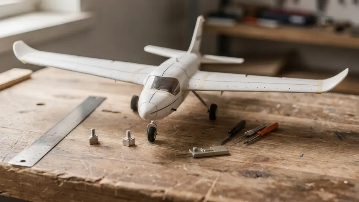 RC-Flugzeug auf der Werkbank mit Messwerkzeug zur Schwerpunkt-Einstellung