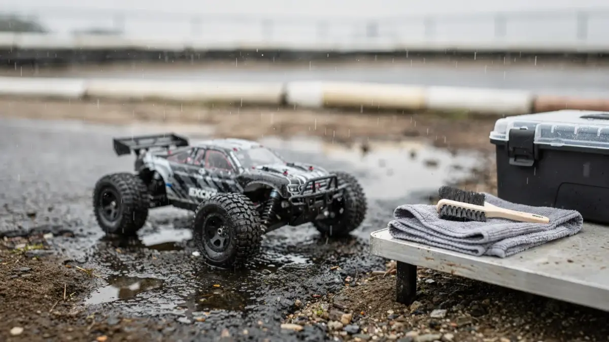 RC Auto im Regen auf nasser Strecke mit Pflegezubehör und wetterfestem Schutz