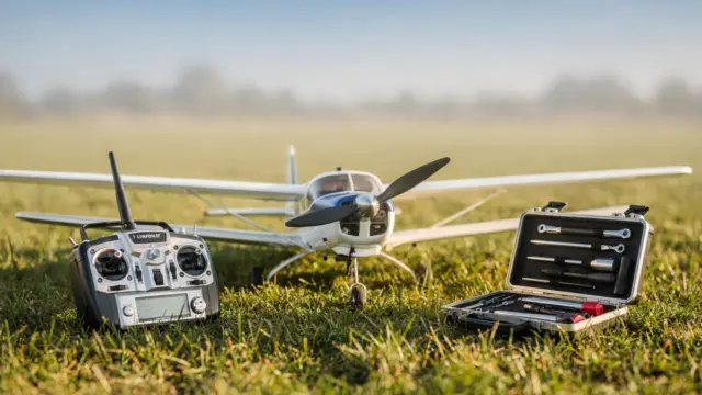 RC Flugzeug am Start auf einer Wiese mit Sender und Werkzeug vor dem Erstflug