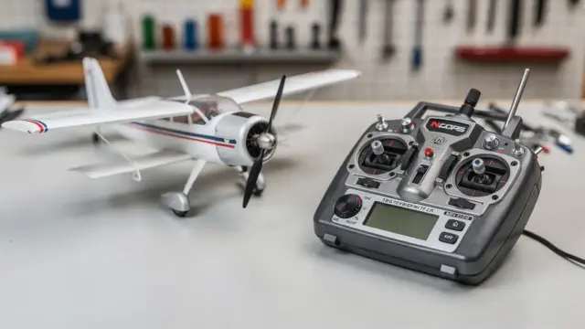 RC Flugzeug steuern mit Sender, Ruder und Flugphasen auf dem Arbeitstisch