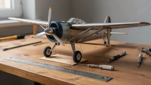 RC Flugzeug auf Werkbank mit Messwerkzeug zum Trimmen von Schwerpunkt und Rudern