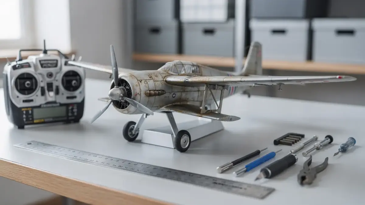 RC-Flugzeug auf Werkbank mit Fernsteuerung zur Prüfung von Instabilität und Flugverhalten