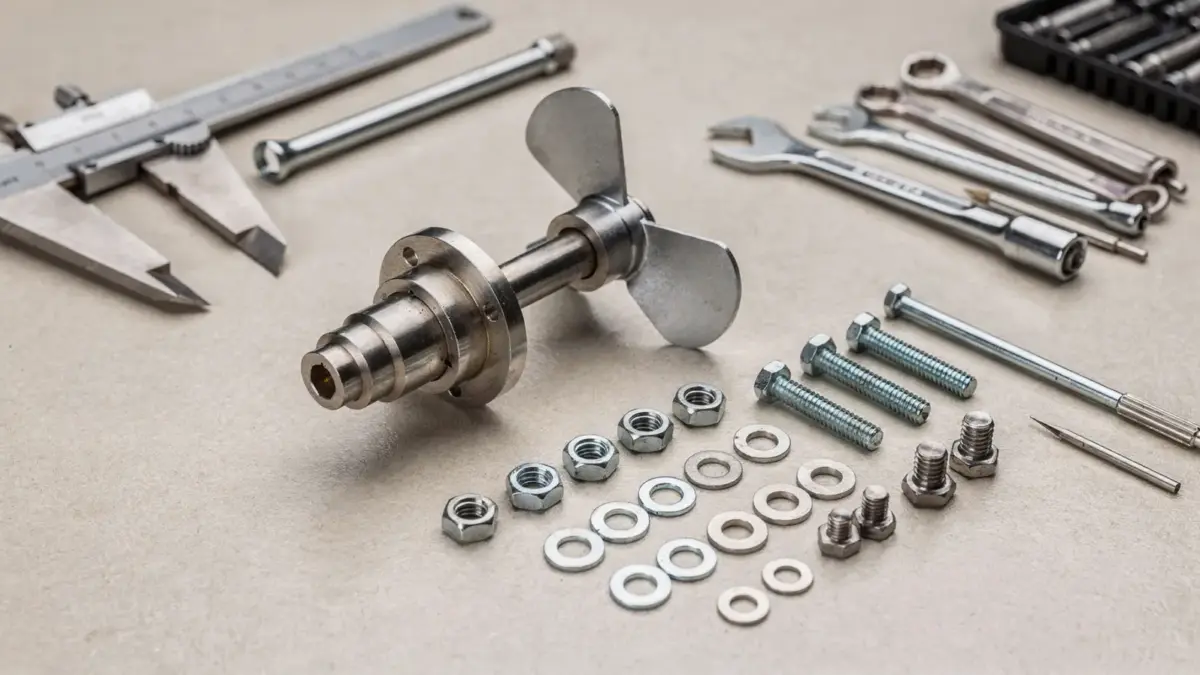 RC Boot Propeller und Montagezubehör auf Werkbank für die Auswahl und Montage