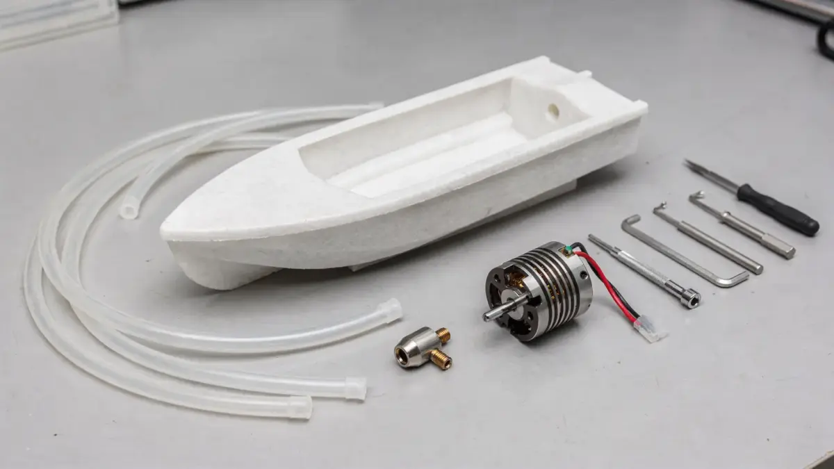 RC Boot Wasserkühlung mit Schlauch, Motor und Modellboot auf Werkbank