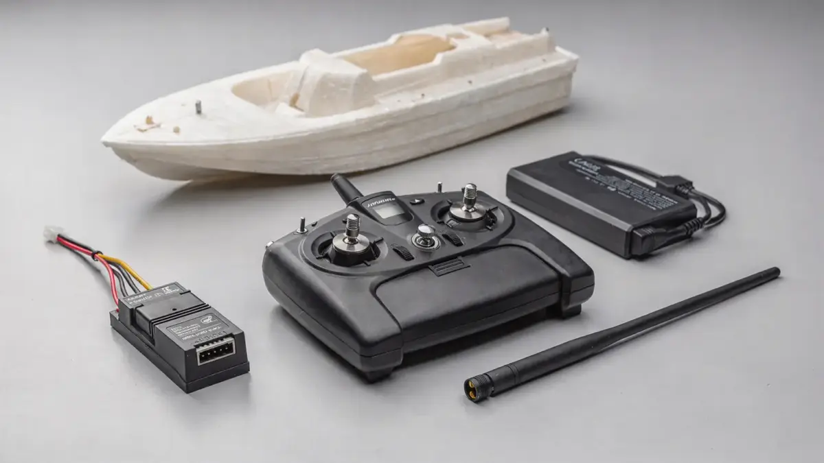 RC-Boot-Fernsteuerung mit Sender, Empfänger und Modellboot auf einer Werkbank
