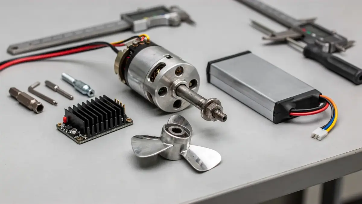 RC Boote Antrieb mit Motor, Propeller, Welle und Regler auf Werkbank