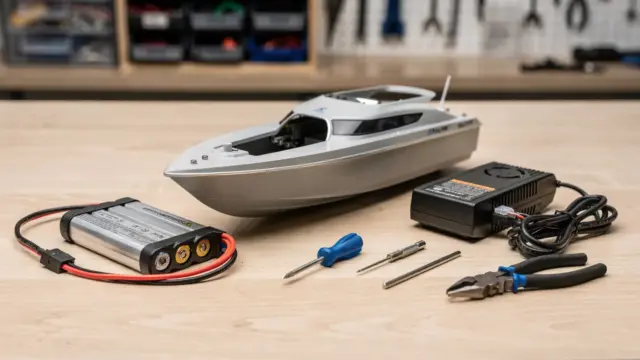 RC Boot Akku und kompatible Batterie auf einer Werkbank für das Thema RC Boot Akku