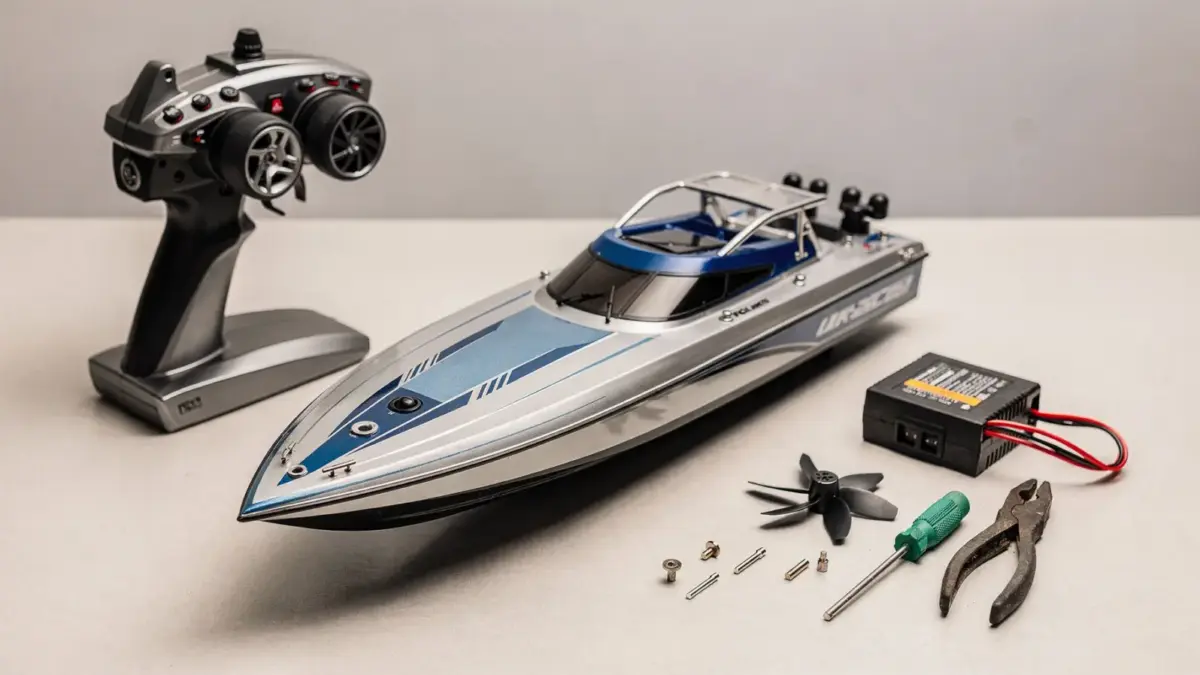 RC Boot mit Zubehör auf einer Werkbank zum Thema RC Boot Kosten