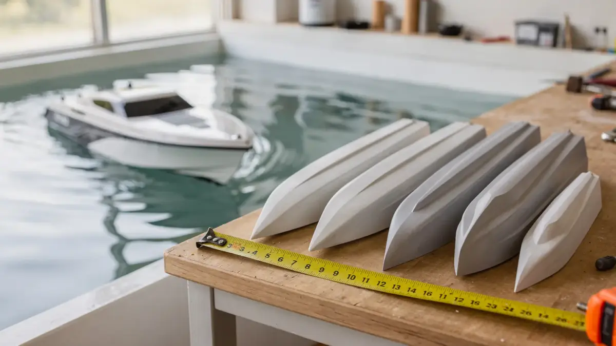 RC-Boote mit unterschiedlichen Rumpflängen neben Maßband als Vergleich für Einsteiger und Gewässer