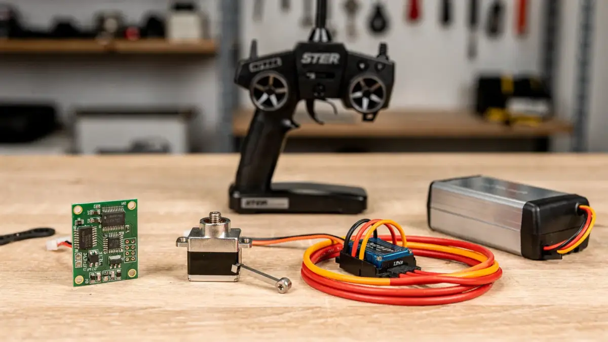 RC-Technik in Modellen: Sender, Empfänger, Servo und Akku auf einer Werkbank