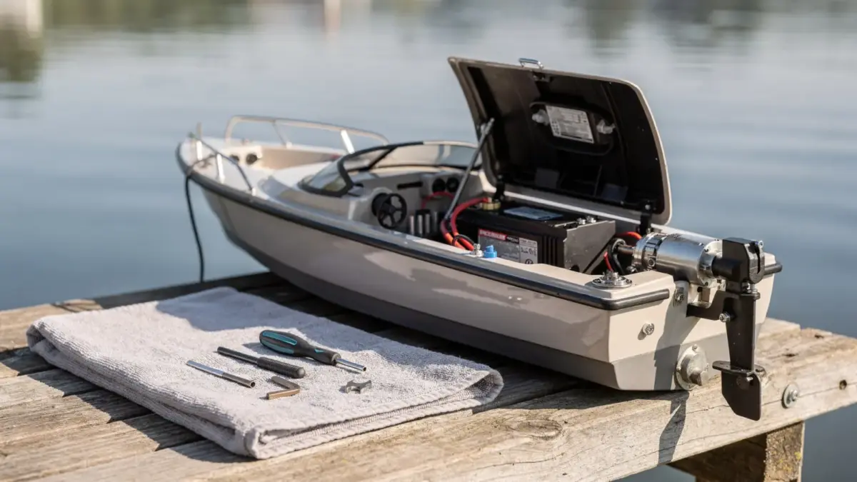 RC-Boot mit geöffnetem Rumpf und Werkzeugen zur Kontrolle von Wassereinbruch