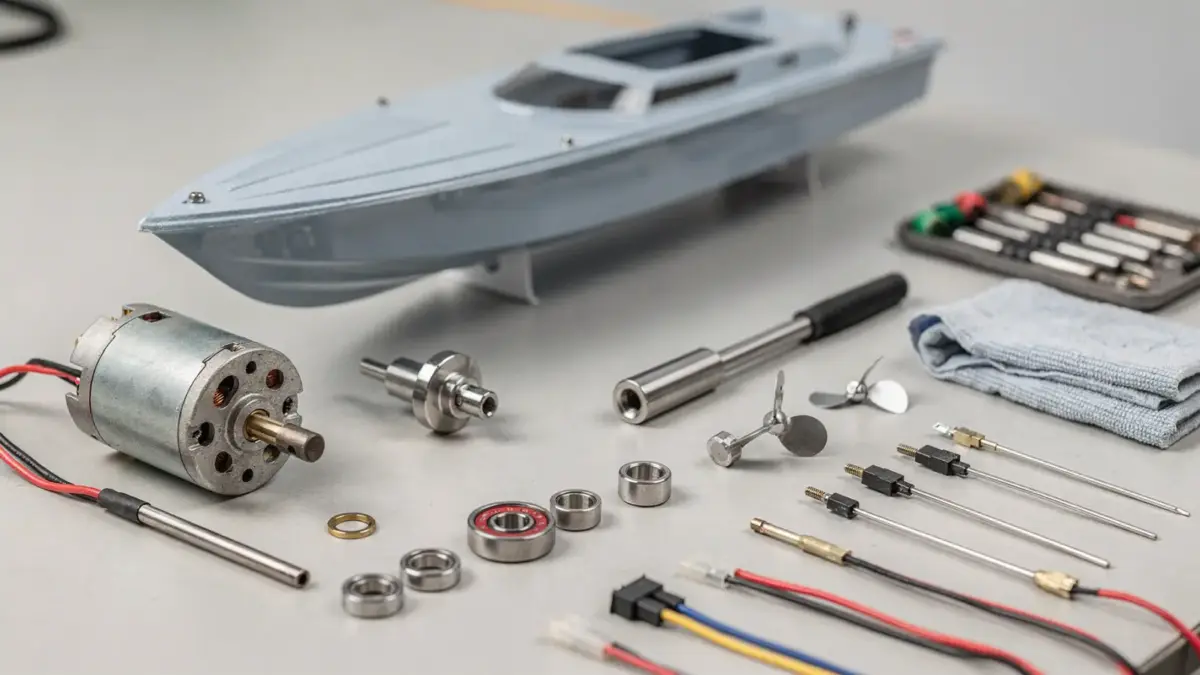 RC Boot Wartung mit Motor, Lagern, Antrieb und Elektronik auf der Werkbank