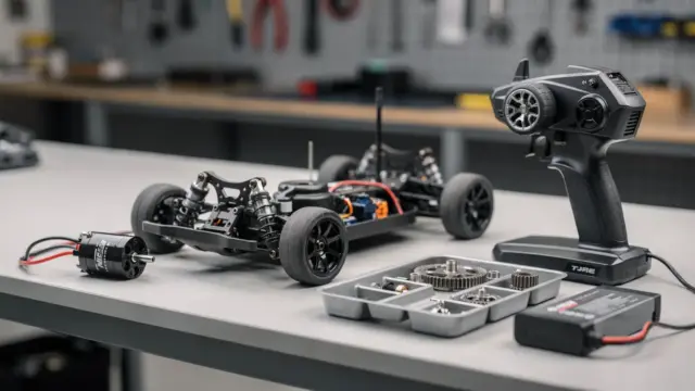 RC-Auto mit Motor, Getriebe und Akku zur Geschwindigkeitssteigerung auf der Werkbank