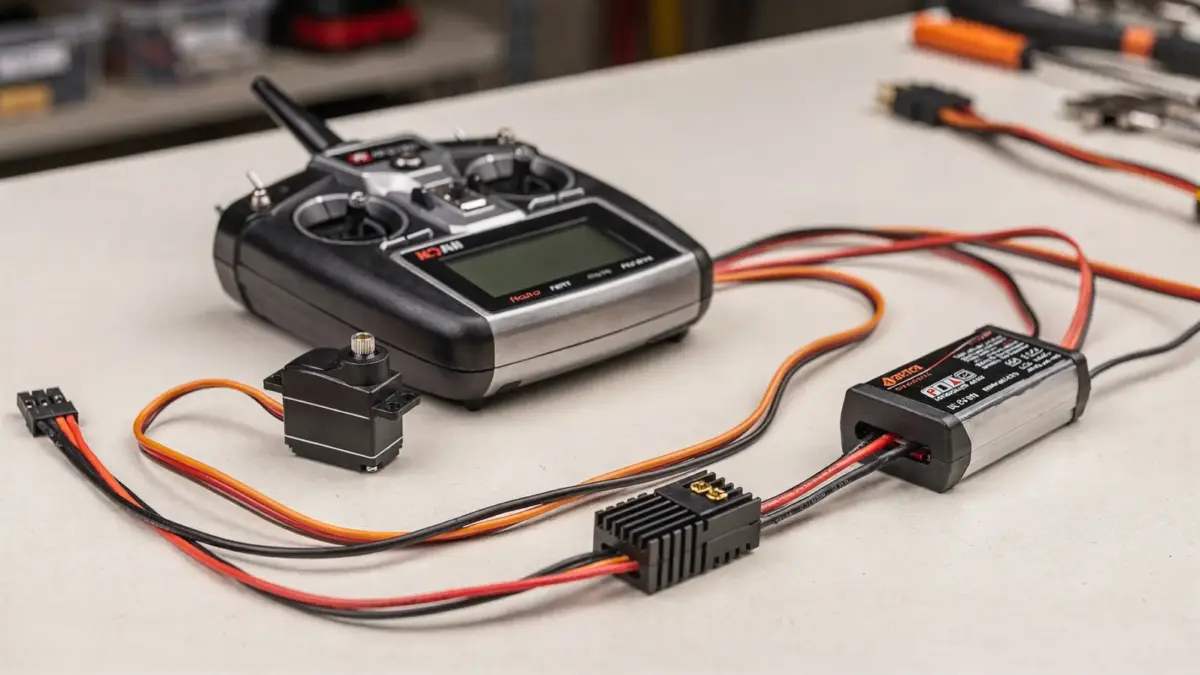 RC Modell Steuerfunktionen mit Sender, Empfänger und Servo auf einer Werkbank