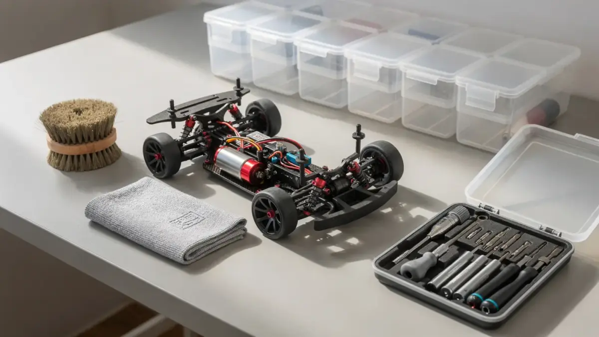 RC-Modelle pflegen: Reinigungs- und Wartungszubehör auf einem Werkbank-Setup