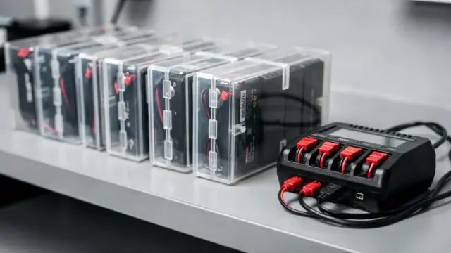 Geordnete RC-Auto-Akkus in Aufbewahrungsboxen in einer Werkstatt zur Lagerung von Spannung und Kapazität.