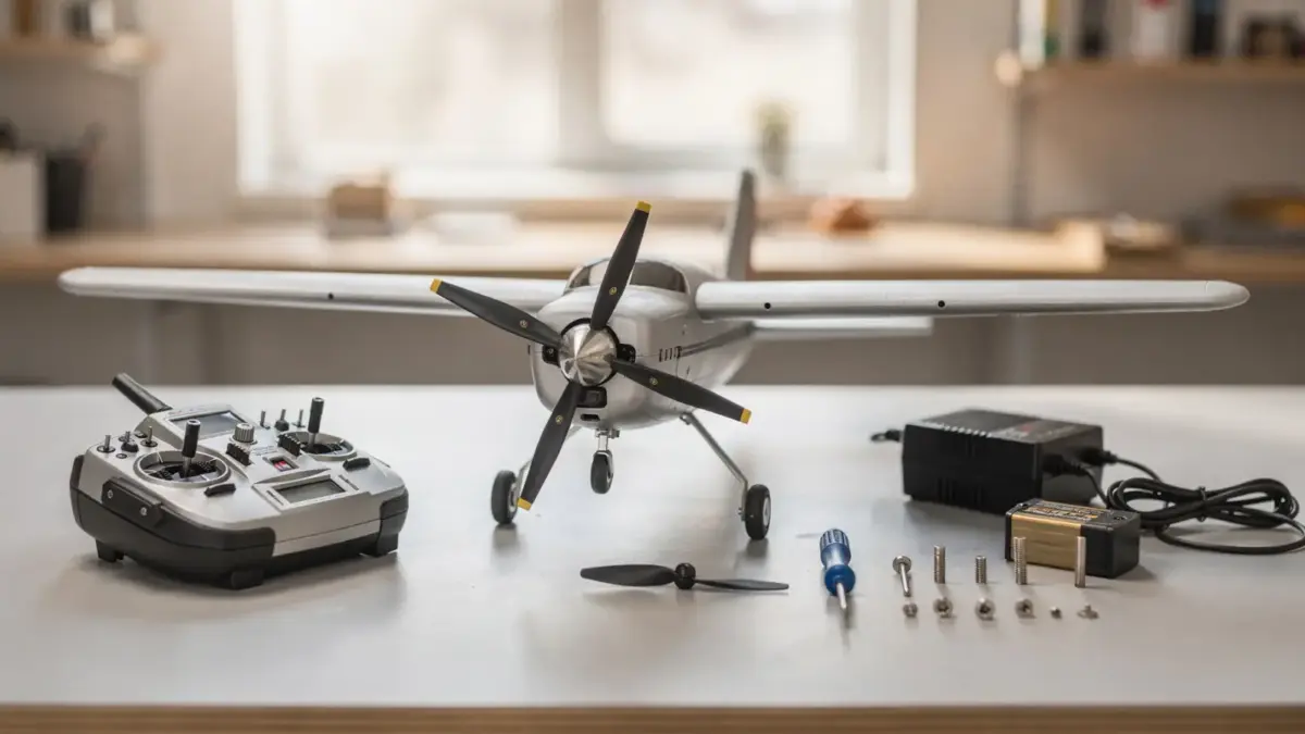 RC Flugzeug RTF Kit mit Modellflugzeug, Sender und Zubehör auf der Werkbank