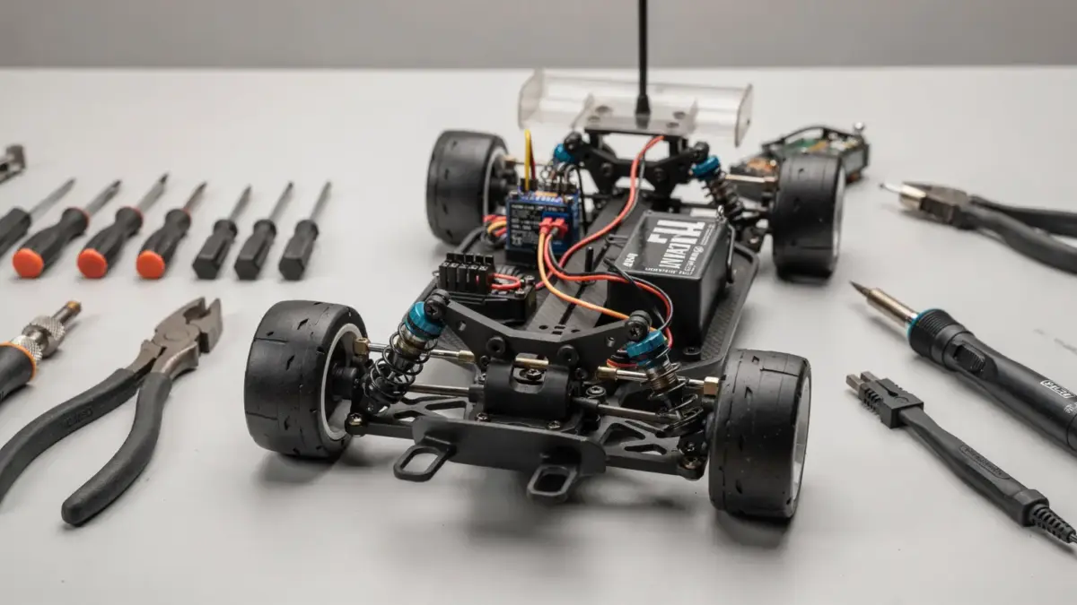 RC-Modellbau mit Telemetrie-Modul, Empfänger und Chassis auf einer Werkbank