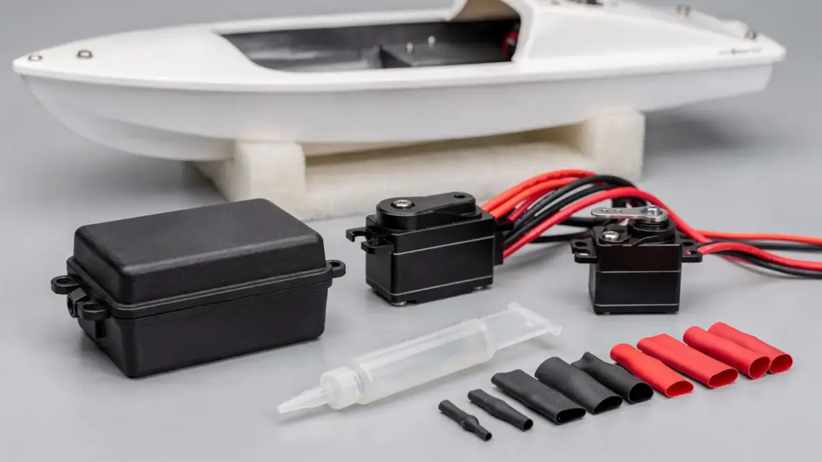 RC Boot Elektronikschutz mit Empfängerbox, Regler und Servos auf dem Werktisch
