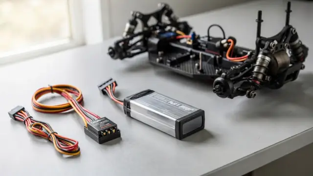 RC-BEC und Elektronik am Modellbau-Arbeitsplatz mit Regler, Empfänger und Servokabeln