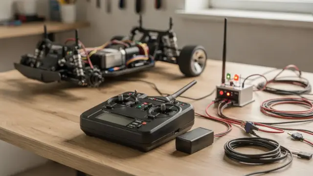 RC-Failsafe: Sender, Empfänger und Modellauto auf einem Werkbench-Testaufbau