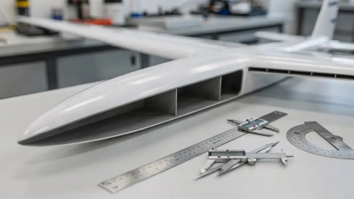 RC-Flugzeug mit Profilflügel in Werkstatt zum Thema Profilwiderstand