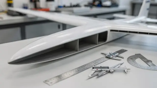 RC-Flugzeug mit Profilflügel in Werkstatt zum Thema Profilwiderstand