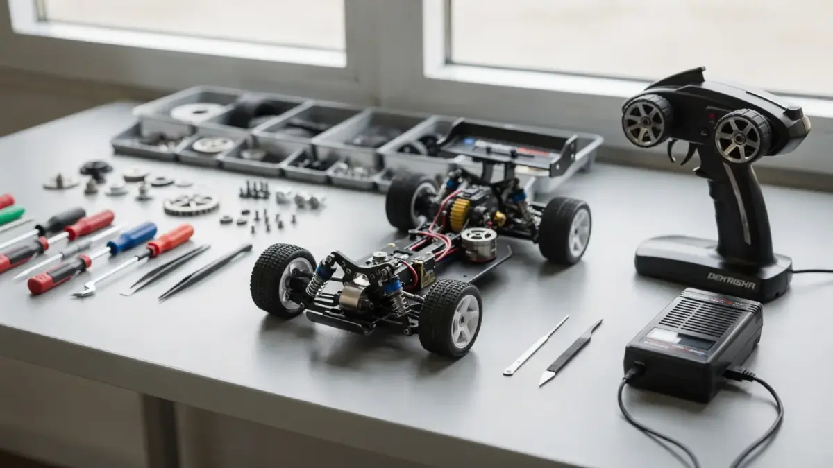 RC Modellbau: ferngesteuertes Modellauto, Sender, Akku und Werkzeuge auf einem Werkbank-Tisch