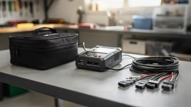 RC-Auto-Zubehör mit LiPo-Akku, Ladegerät und Sicherheitstasche auf dem Werkbanktisch