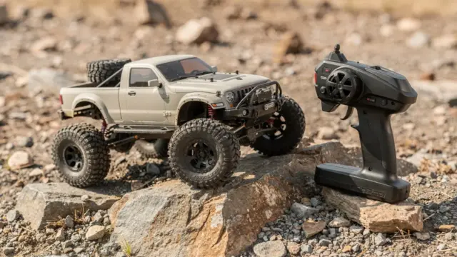 RC Crawler auf Felsen mit Fernsteuerung in einer Hobby-Szene