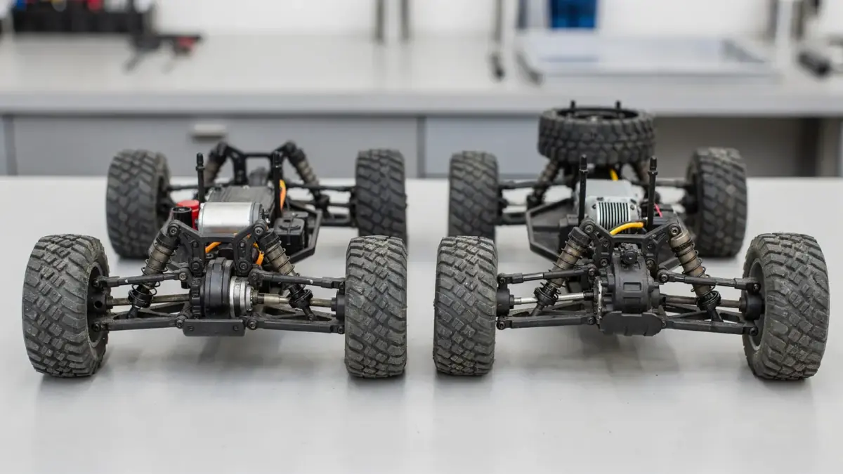 Zwei RC Autos als Vergleich von 2WD und 4WD im Werkstatt-Setup