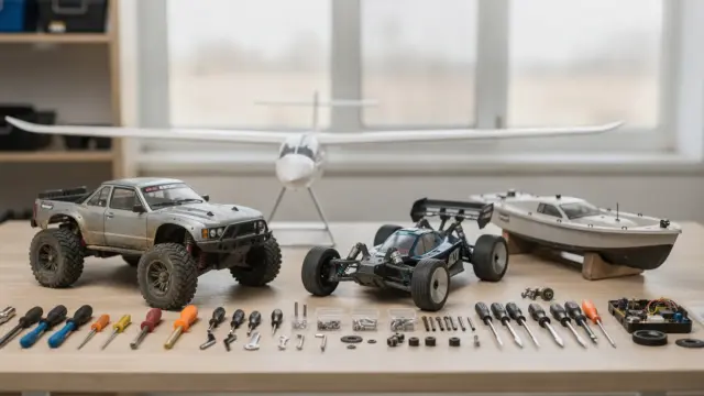 Verschiedene RC-Modellbau-Arten wie Auto, Flugzeug und Boot auf einem Werkstatttisch